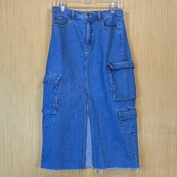Scoop Dresses & Skirts - Scoop Midi Skirt Womens‎ 4 Blue Denim Cargo Slit Frayed Streetwear Y2K Skater